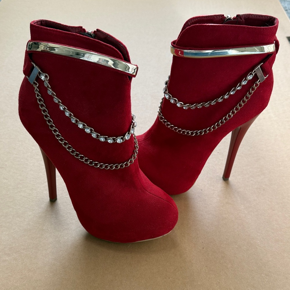 Red Suede Chain-Detail High Heel Ankle Boots - Size 7